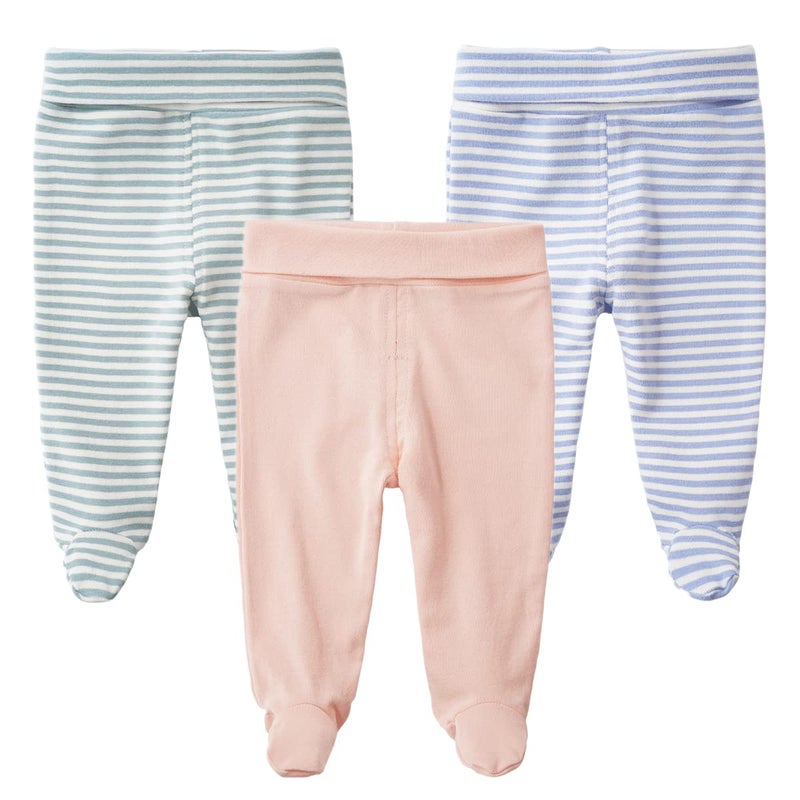 Teach Leanbh Infant Baby 3 Pack Footed Pants Cotton High Waist Casual Leggings (6 Months, A) - Image 1
